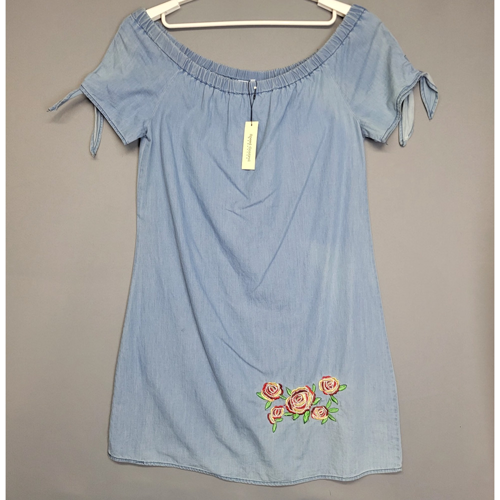 Speed Control Boho Off Shoulder Dress Womens L Blue Chambray Embroidered Floral‎